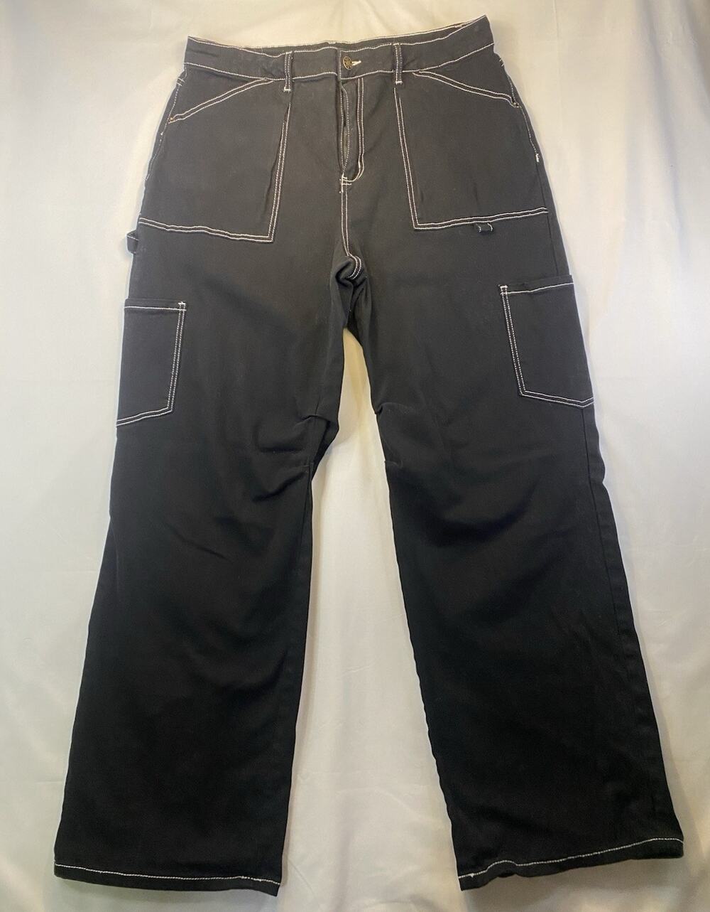 Women's Black Cargo Pants Solid Black Button Zip Pocket Contrast Stitch Sz16